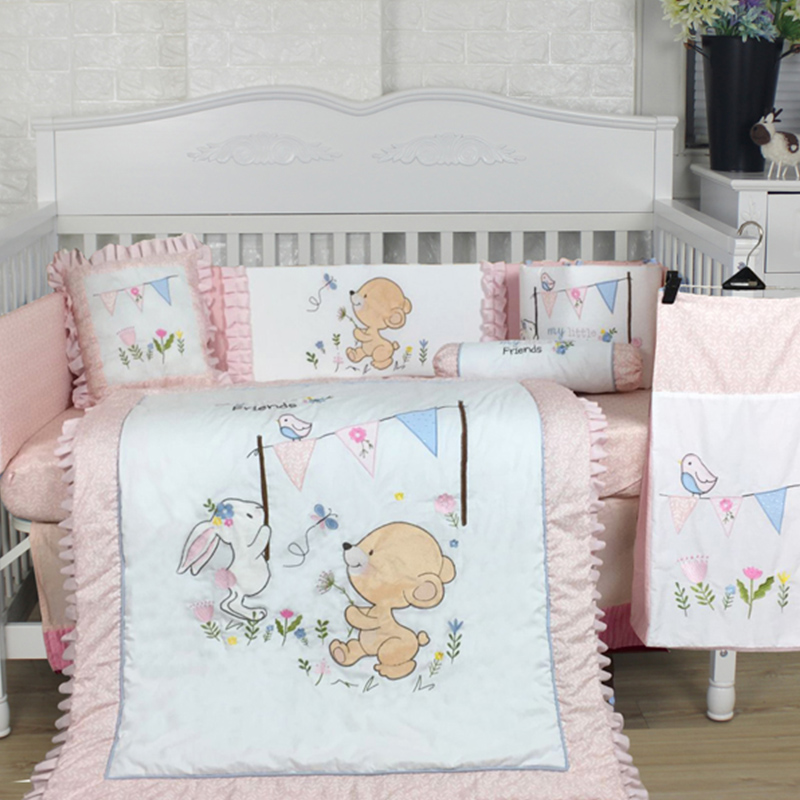 Pink Cute Print Crib Bedding Set Soft Baby Bedding