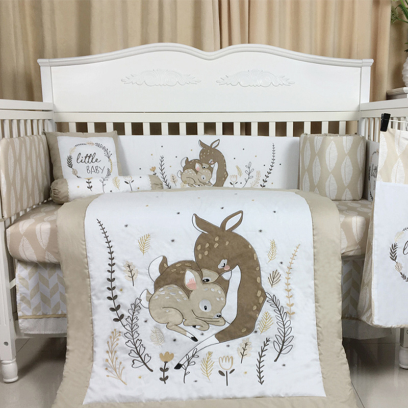Beige Woodland Print Crib Bedding Set Natural Nursery Style